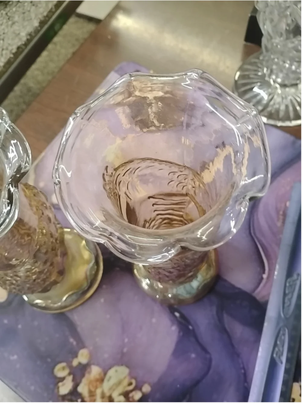 Vintage Flower Vase Pair Carnival Glass Marigold Koi Fish Design Decorative